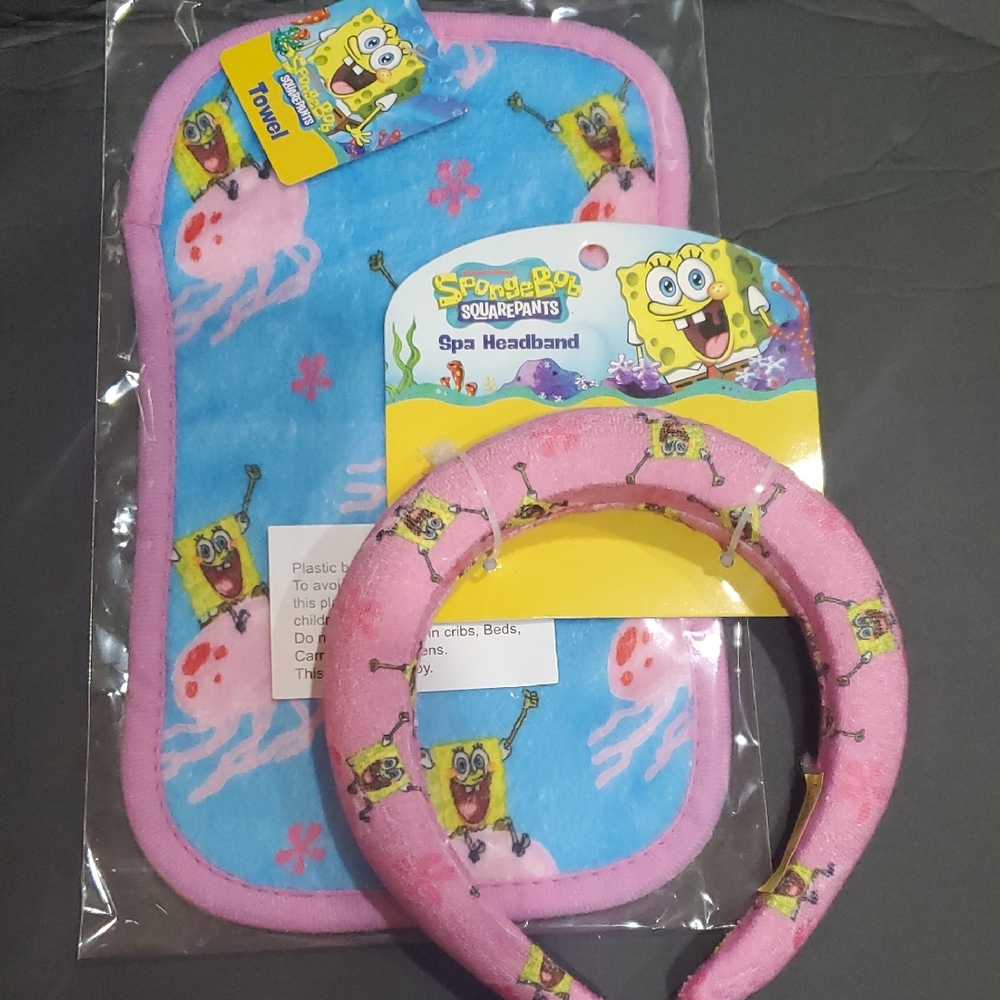 Spongebob squarepants pink and blue 2piece headband and towel spa‎ set brand new